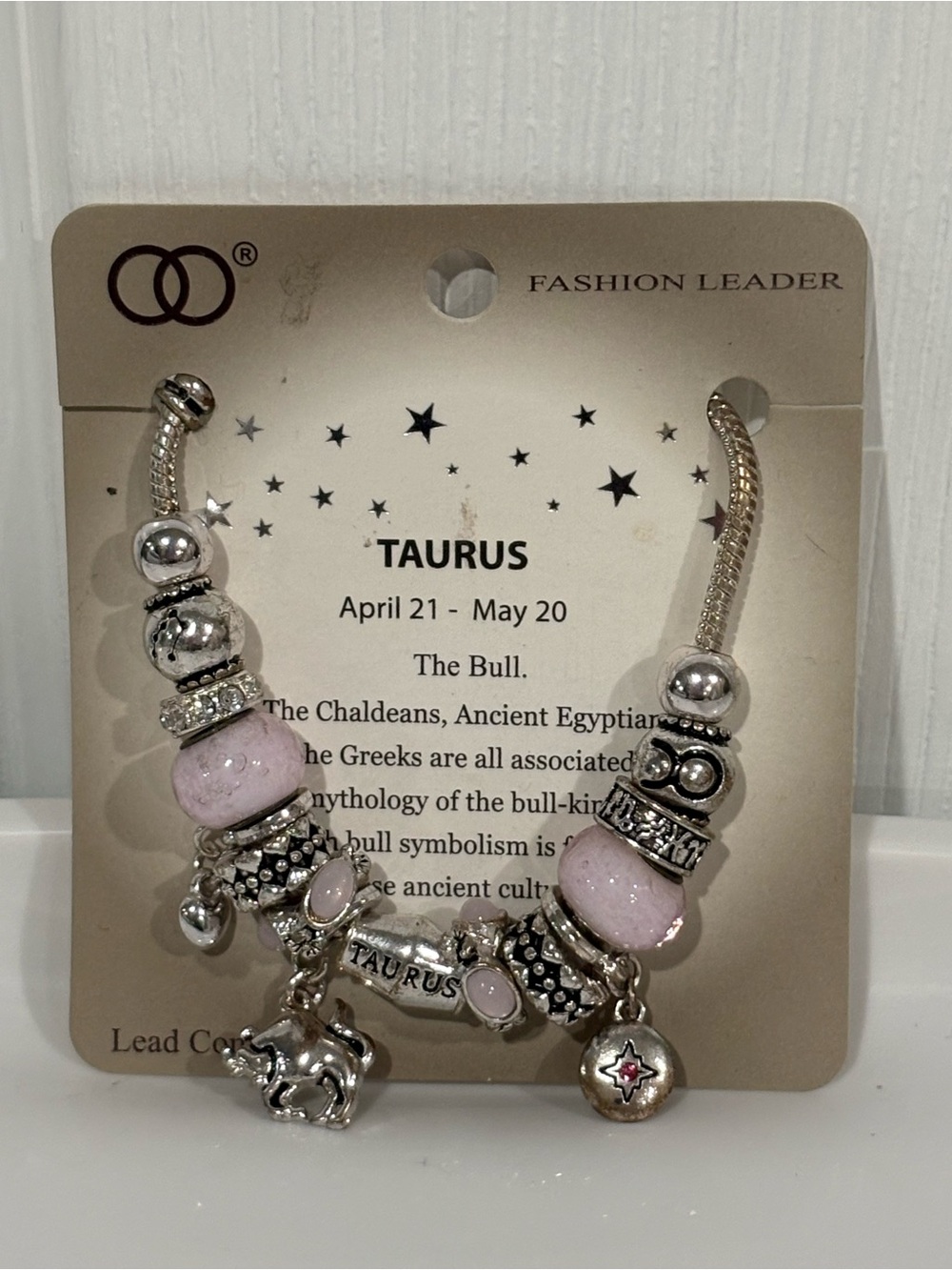 Falari Taurus Charm Bracelet multi-color slide metal Murano beads silvertone
